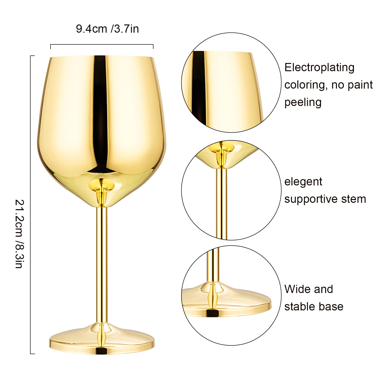 Set of 6 18 oz Stemmed Stainless Steel Wine Glass Unbreakable Wine Glasses Drinking Glasses Wine Goblet Metallic Goblets for Outdoor Events Party Beach Pool Travel Wedding Anniversary (Gold)