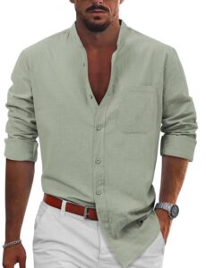 tureface mens long sleeve shirt green cotton linen button front shirts banded collar casual beach shirts