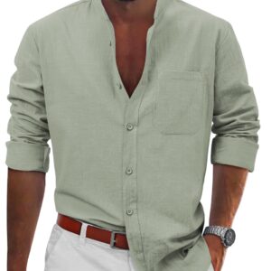 TUREFACE Mens Long Sleeve Shirt Green Cotton Linen Button Front Shirts Banded Collar Casual Beach Shirts