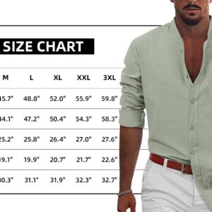 TUREFACE Mens Long Sleeve Shirt Green Cotton Linen Button Front Shirts Banded Collar Casual Beach Shirts