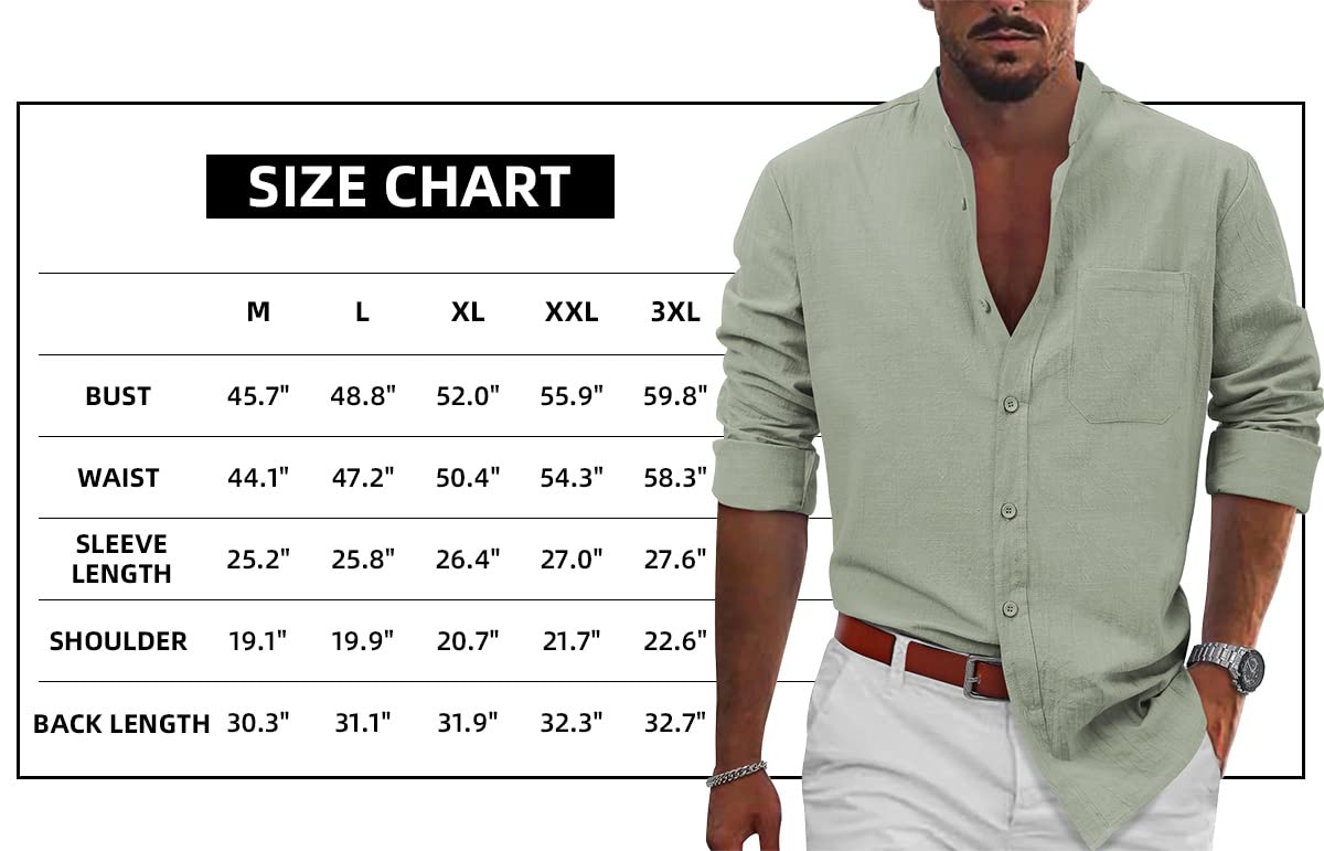 TUREFACE Mens Long Sleeve Shirt Green Cotton Linen Button Front Shirts Banded Collar Casual Beach Shirts