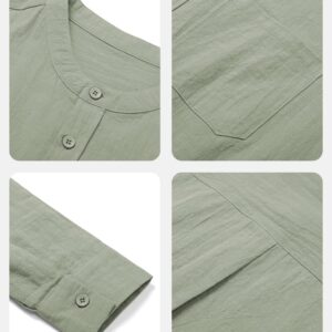 TUREFACE Mens Long Sleeve Shirt Green Cotton Linen Button Front Shirts Banded Collar Casual Beach Shirts