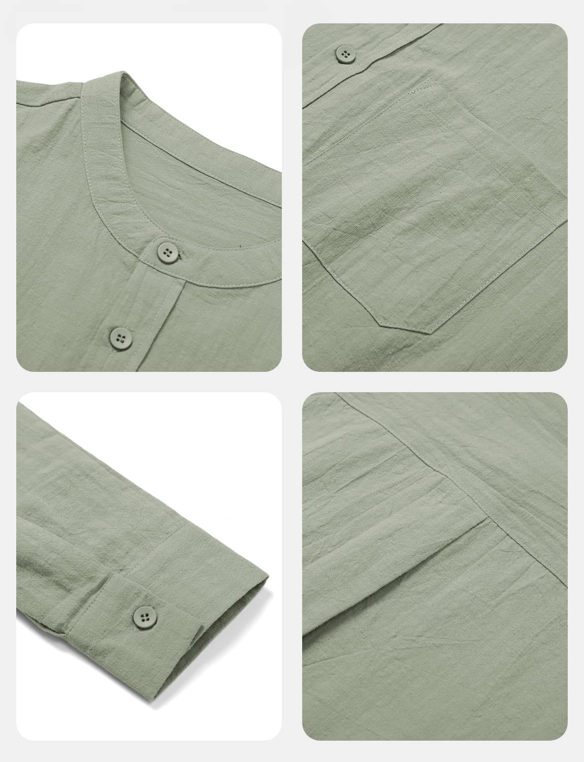 TUREFACE Mens Long Sleeve Shirt Green Cotton Linen Button Front Shirts Banded Collar Casual Beach Shirts