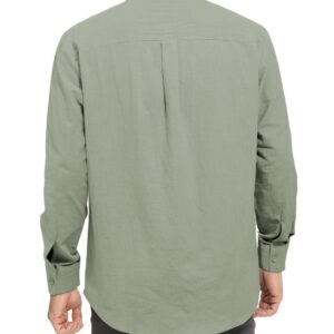 TUREFACE Mens Long Sleeve Shirt Green Cotton Linen Button Front Shirts Banded Collar Casual Beach Shirts