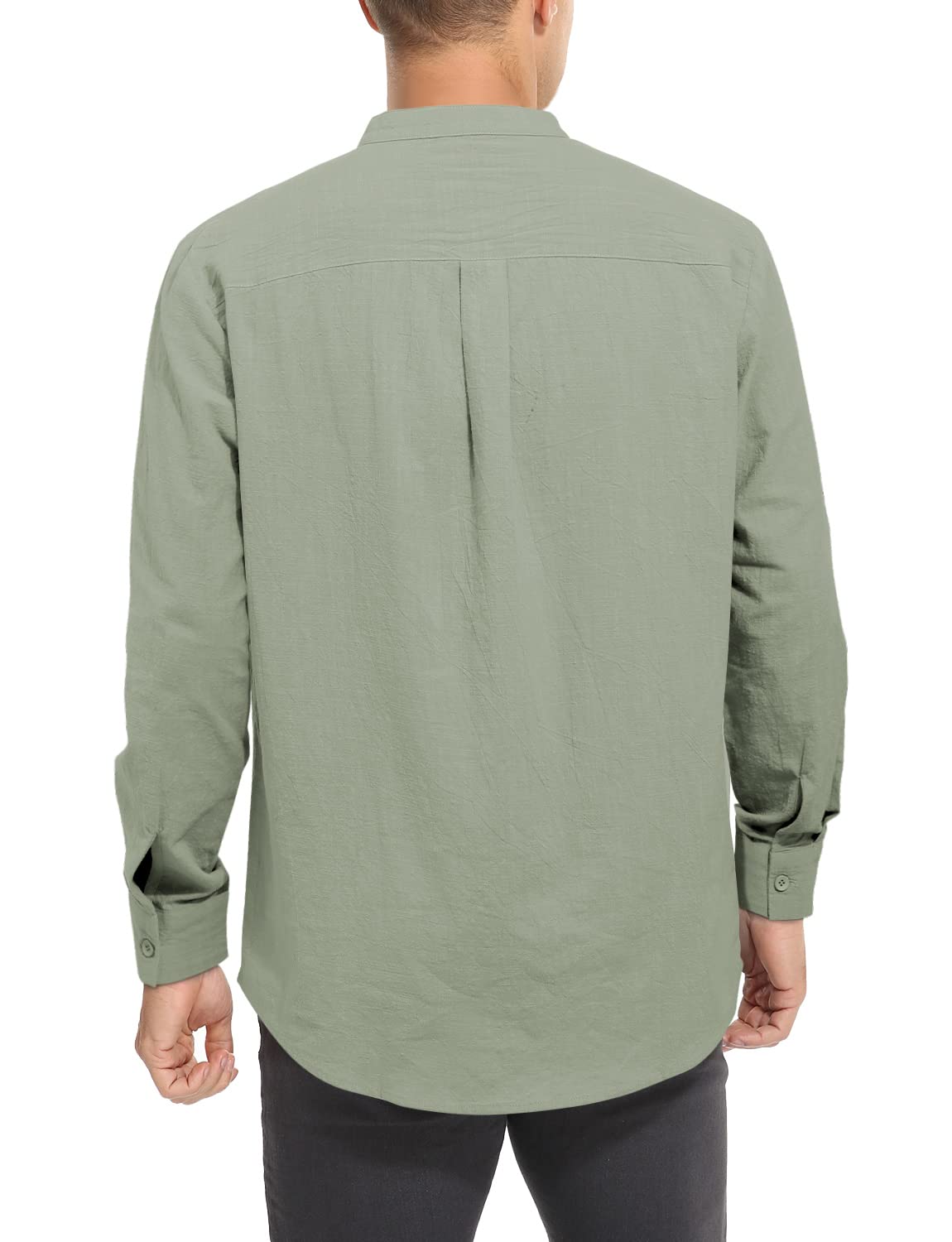 TUREFACE Mens Long Sleeve Shirt Green Cotton Linen Button Front Shirts Banded Collar Casual Beach Shirts