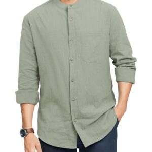 TUREFACE Mens Long Sleeve Shirt Green Cotton Linen Button Front Shirts Banded Collar Casual Beach Shirts