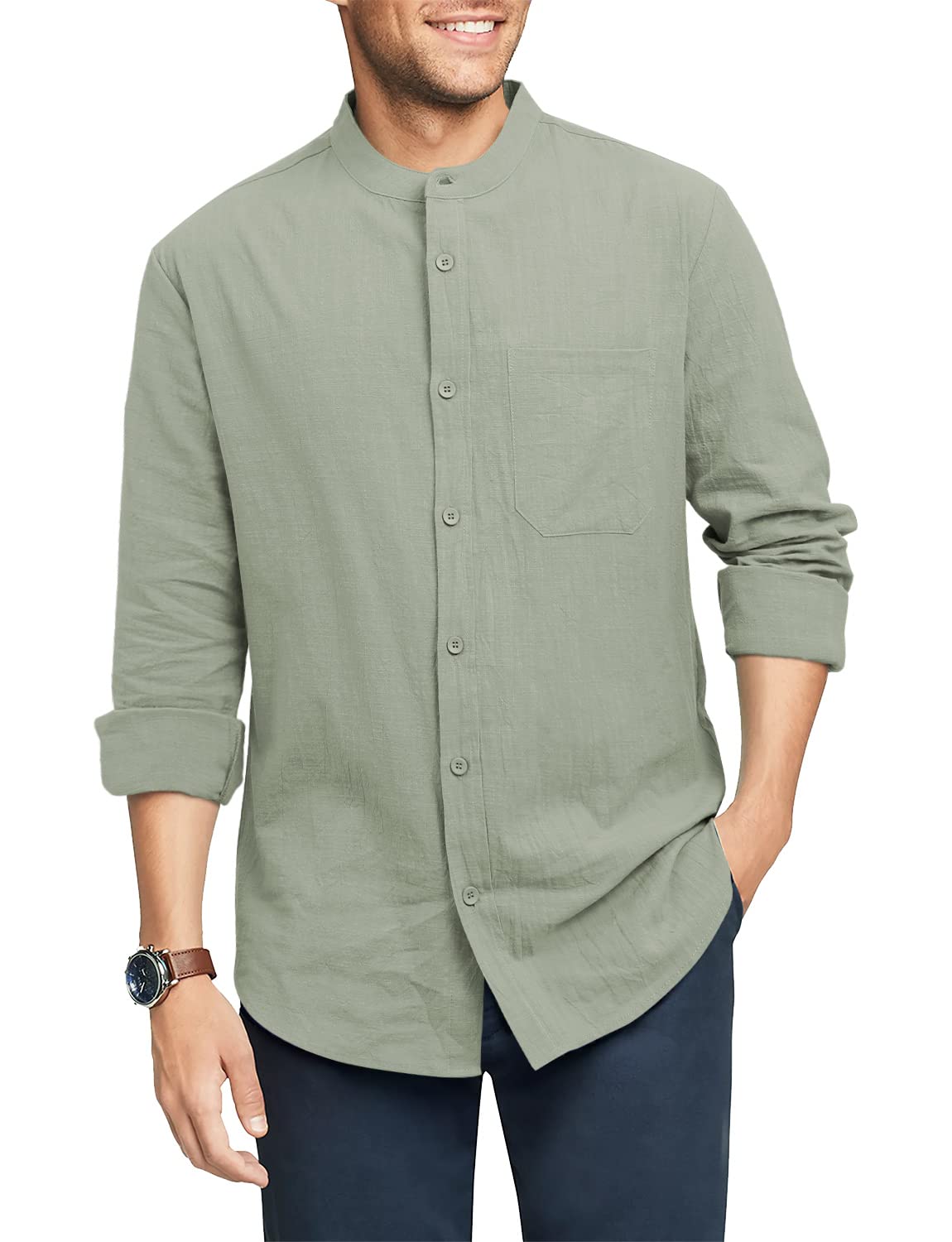 TUREFACE Mens Long Sleeve Shirt Green Cotton Linen Button Front Shirts Banded Collar Casual Beach Shirts