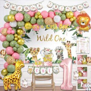 fiesec wild one birthday decorations girl, jungle safari animal theme 1st party decorations backdrop balloons leaves monthly photo highchair banner box cutout cake topper crown poster pink 127 pcs