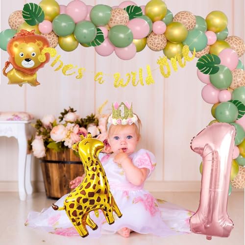 Fiesec Wild One Birthday Decorations Girl, Jungle Safari Animal Theme 1st Party Decorations Backdrop Balloons Leaves Monthly Photo Highchair Banner Box Cutout Cake Topper Crown Poster Pink 127 PCs