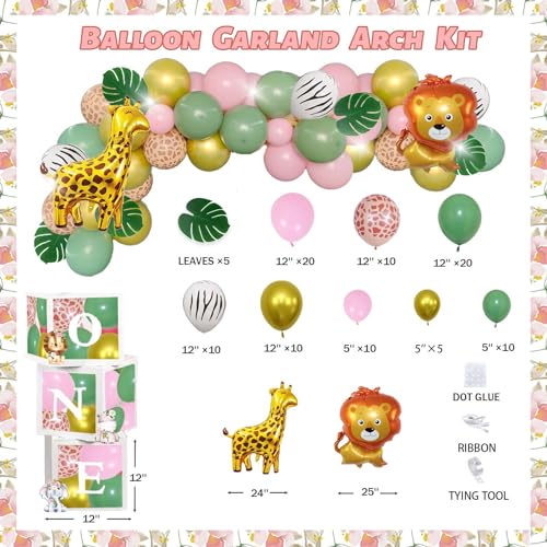 Fiesec Wild One Birthday Decorations Girl, Jungle Safari Animal Theme 1st Party Decorations Backdrop Balloons Leaves Monthly Photo Highchair Banner Box Cutout Cake Topper Crown Poster Pink 127 PCs