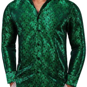 YOHOWA Men's Silk Shirt Paisley Button Down Dress Shirts Regular Fit Long Sleeve Shirt Formal Casual Green