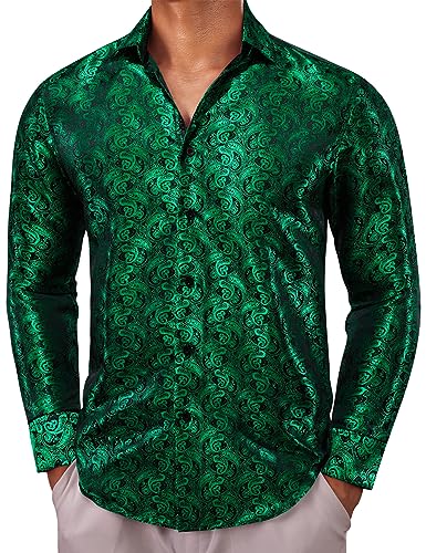 YOHOWA Men's Silk Shirt Paisley Button Down Dress Shirts Regular Fit Long Sleeve Shirt Formal Casual Green