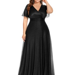 Ever-Pretty Plus Women's Plus Size V-Neck Wrap Short Flutter Sleeves Long Dress for Woman Black US24