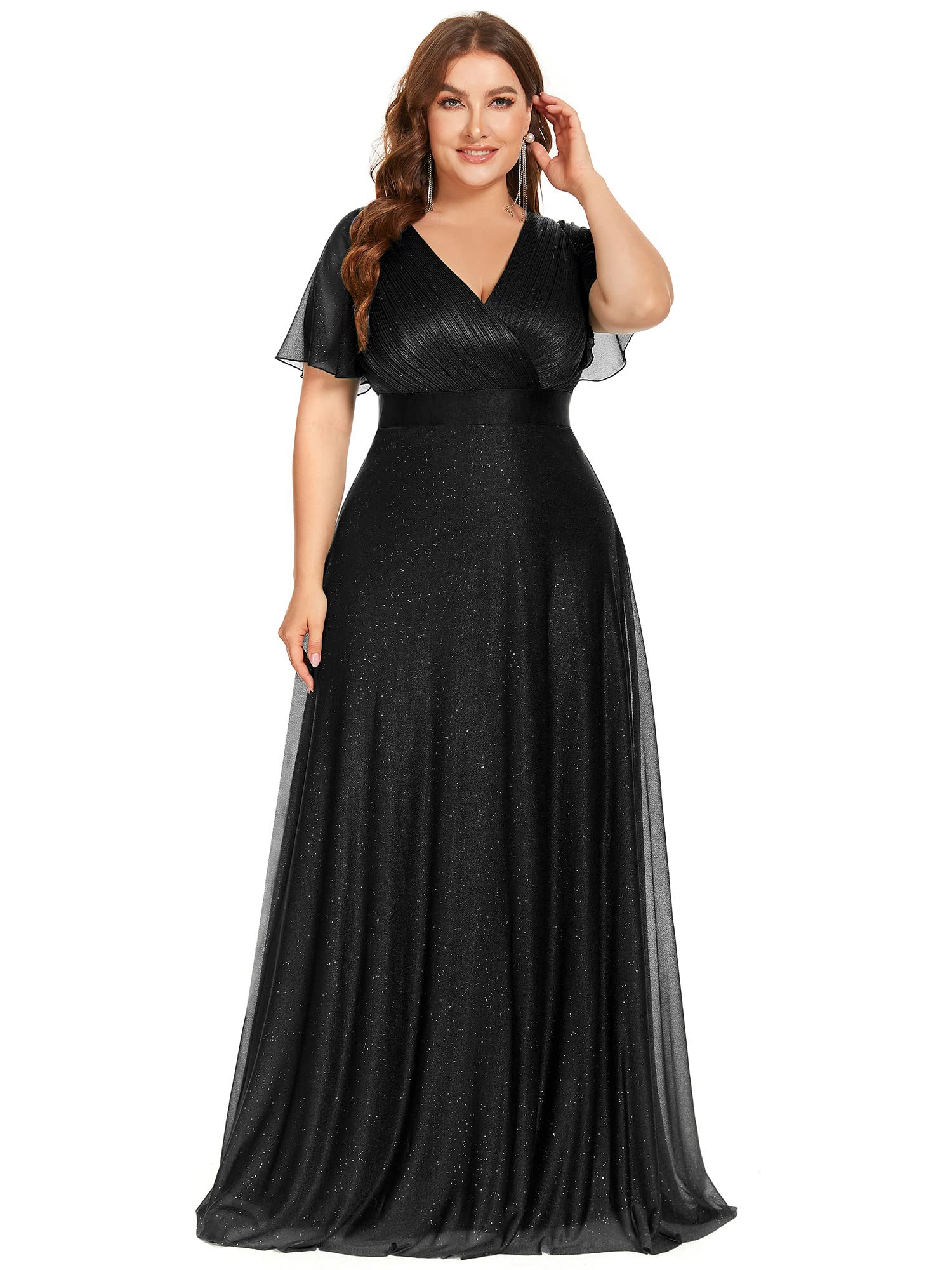 Ever-Pretty Plus Women's Plus Size V-Neck Wrap Short Flutter Sleeves Long Dress for Woman Black US24