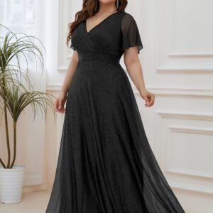 Ever-Pretty Plus Women's Plus Size V-Neck Wrap Short Flutter Sleeves Long Dress for Woman Black US24