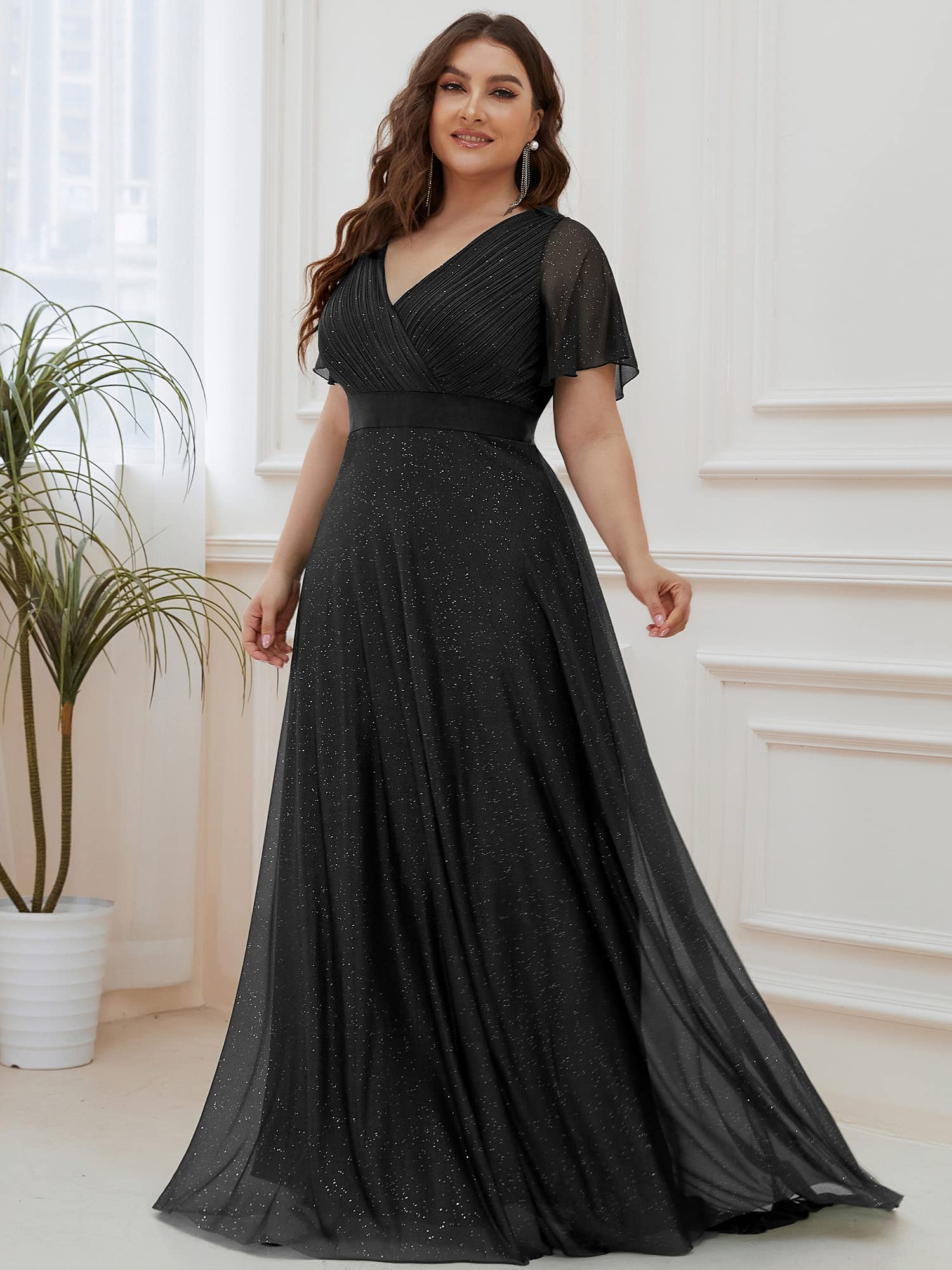 Ever-Pretty Plus Women's Plus Size V-Neck Wrap Short Flutter Sleeves Long Dress for Woman Black US24