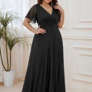 Ever-Pretty Plus Women's Plus Size V-Neck Wrap Short Flutter Sleeves Long Dress for Woman Black US24