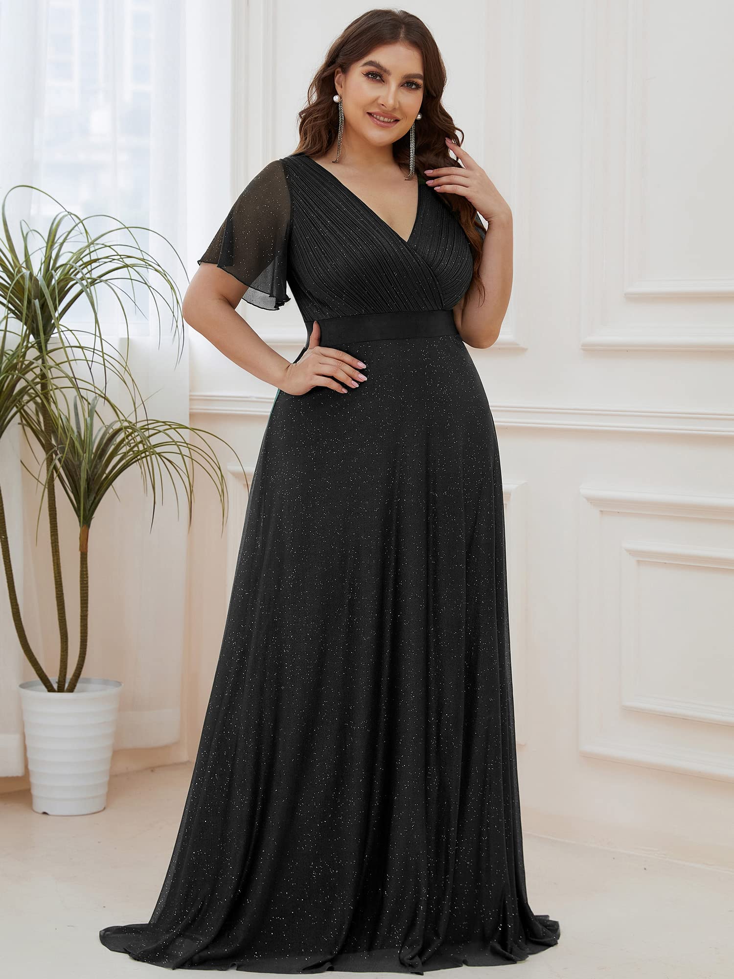 Ever-Pretty Plus Women's Plus Size V-Neck Wrap Short Flutter Sleeves Long Dress for Woman Black US24