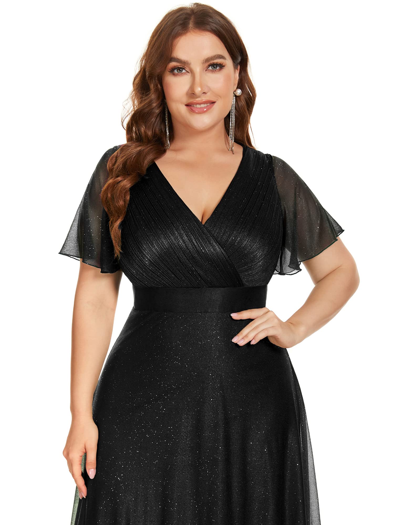 Ever-Pretty Plus Women's Plus Size V-Neck Wrap Short Flutter Sleeves Long Dress for Woman Black US24