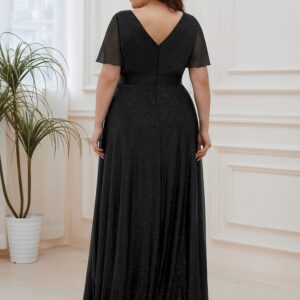 Ever-Pretty Plus Women's Plus Size V-Neck Wrap Short Flutter Sleeves Long Dress for Woman Black US24