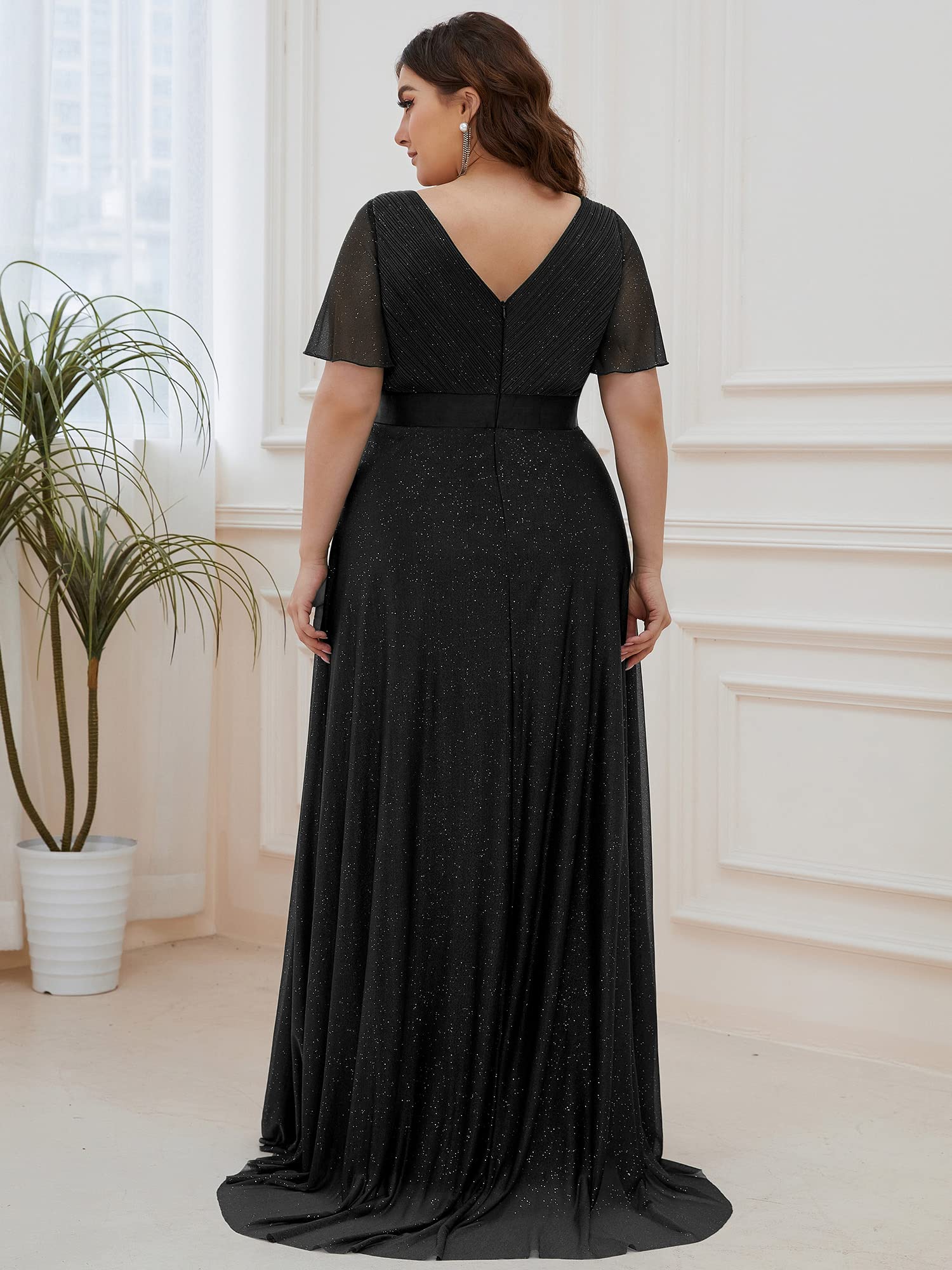 Ever-Pretty Plus Women's Plus Size V-Neck Wrap Short Flutter Sleeves Long Dress for Woman Black US24