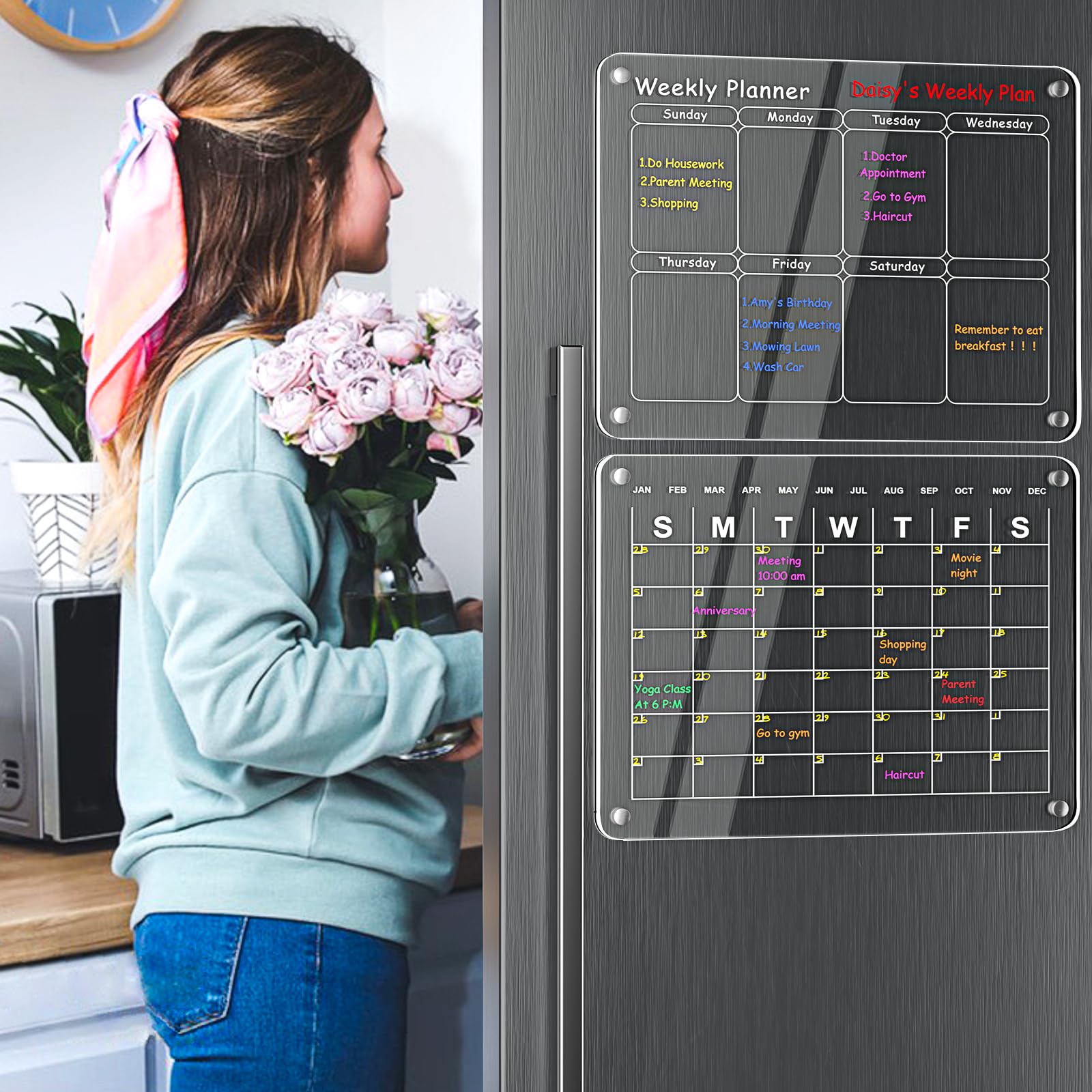 Acrylic Magnetic Calendar for Fridge, Polegas 16"X12" Clear Refrigerator Calendar, Dry Erase Fridge Calendar Whiteboard, Small Monthly Planner Schedule Board with 8 Markers Eraser