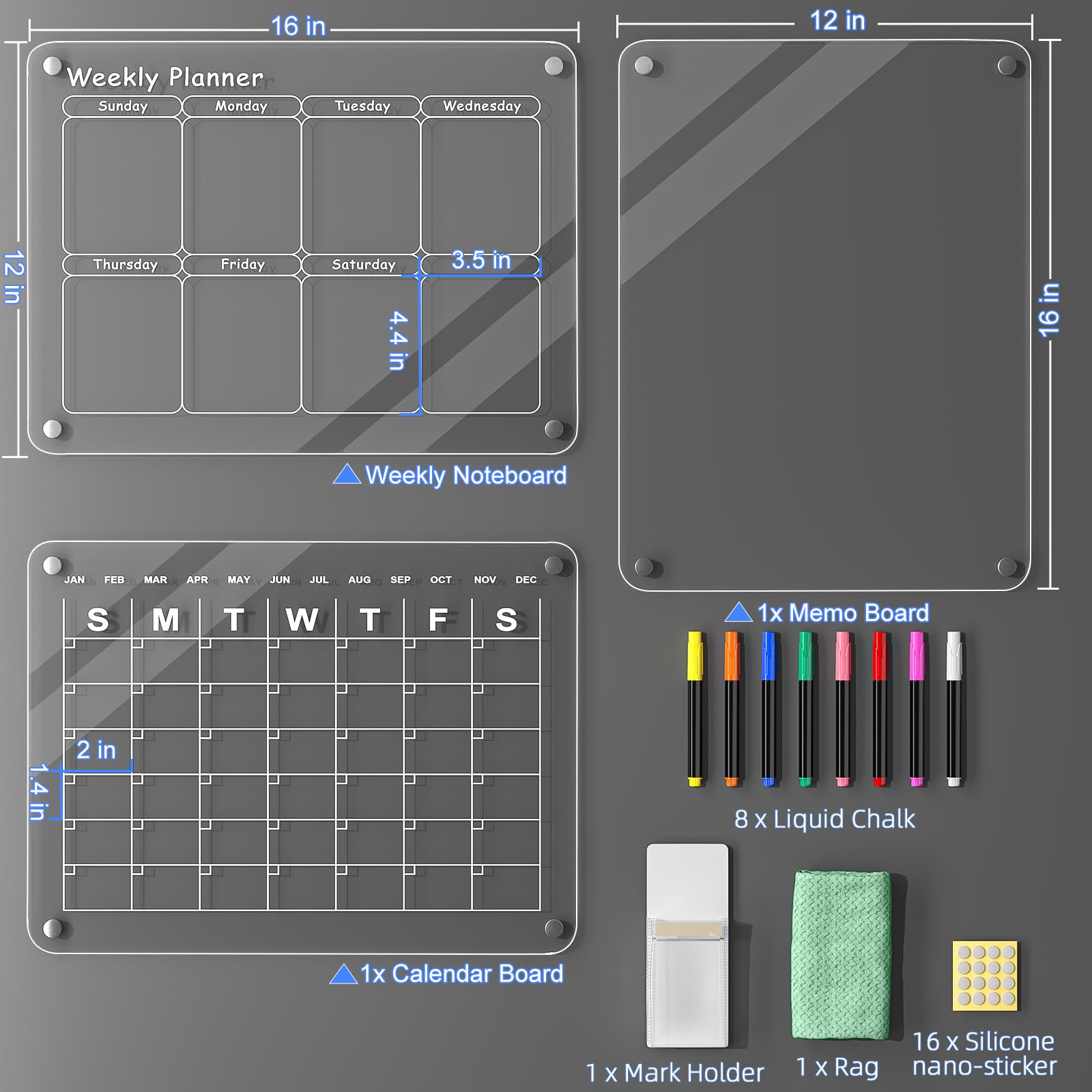 Acrylic Magnetic Calendar for Fridge, Polegas 16"X12" Clear Refrigerator Calendar, Dry Erase Fridge Calendar Whiteboard, Small Monthly Planner Schedule Board with 8 Markers Eraser