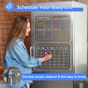 Acrylic Magnetic Calendar for Fridge, Polegas 16"X12" Clear Refrigerator Calendar, Dry Erase Fridge Calendar Whiteboard, Small Monthly Planner Schedule Board with 8 Markers Eraser