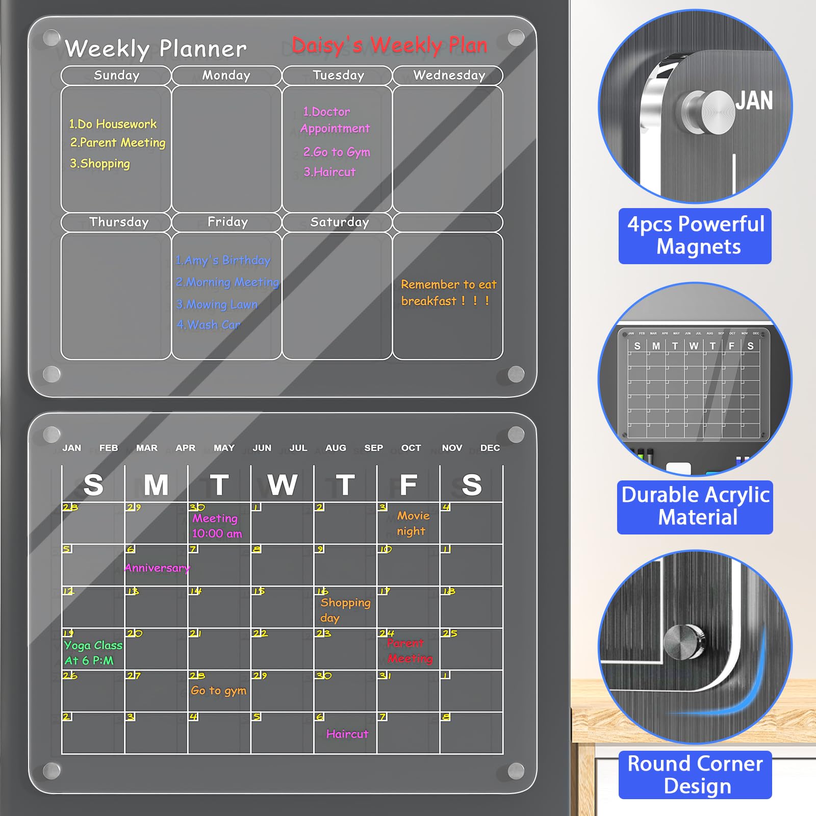 Acrylic Magnetic Calendar for Fridge, Polegas 16"X12" Clear Refrigerator Calendar, Dry Erase Fridge Calendar Whiteboard, Small Monthly Planner Schedule Board with 8 Markers Eraser