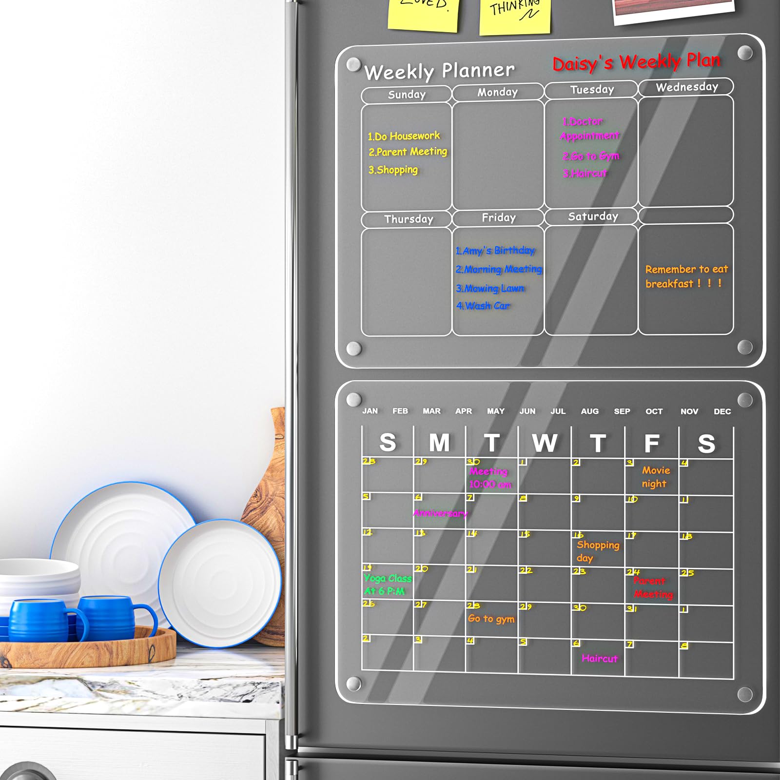 Acrylic Magnetic Calendar for Fridge, Polegas 16"X12" Clear Refrigerator Calendar, Dry Erase Fridge Calendar Whiteboard, Small Monthly Planner Schedule Board with 8 Markers Eraser