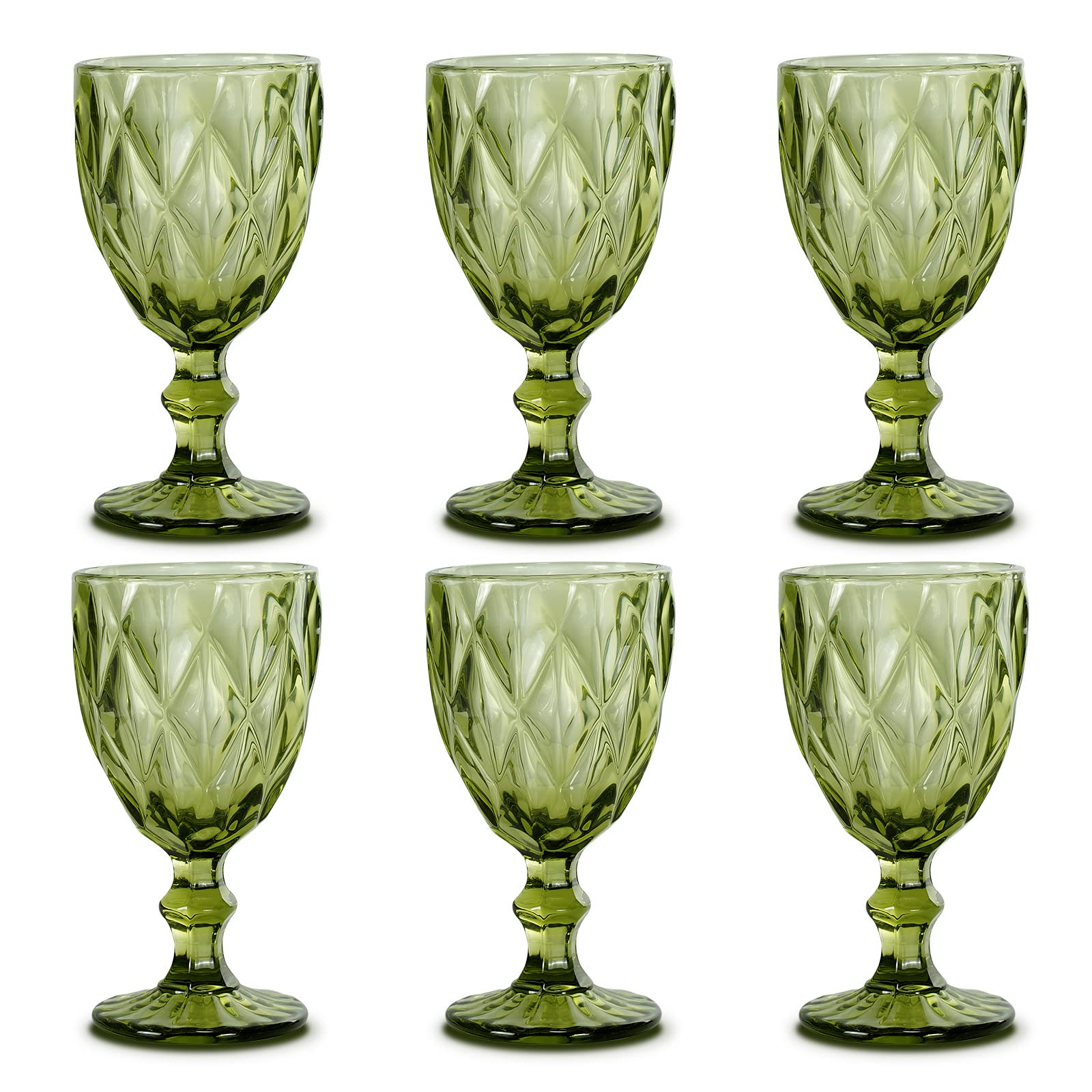 StarLuckINT Colored Glass Goblet Set of 6, Embossed Design Wine Glasses, 10 Oz Thickened Glass Wine Glass, for Juice Drinking Wedding Party Wine Glass (Color : Green, Pattern : rhombus)