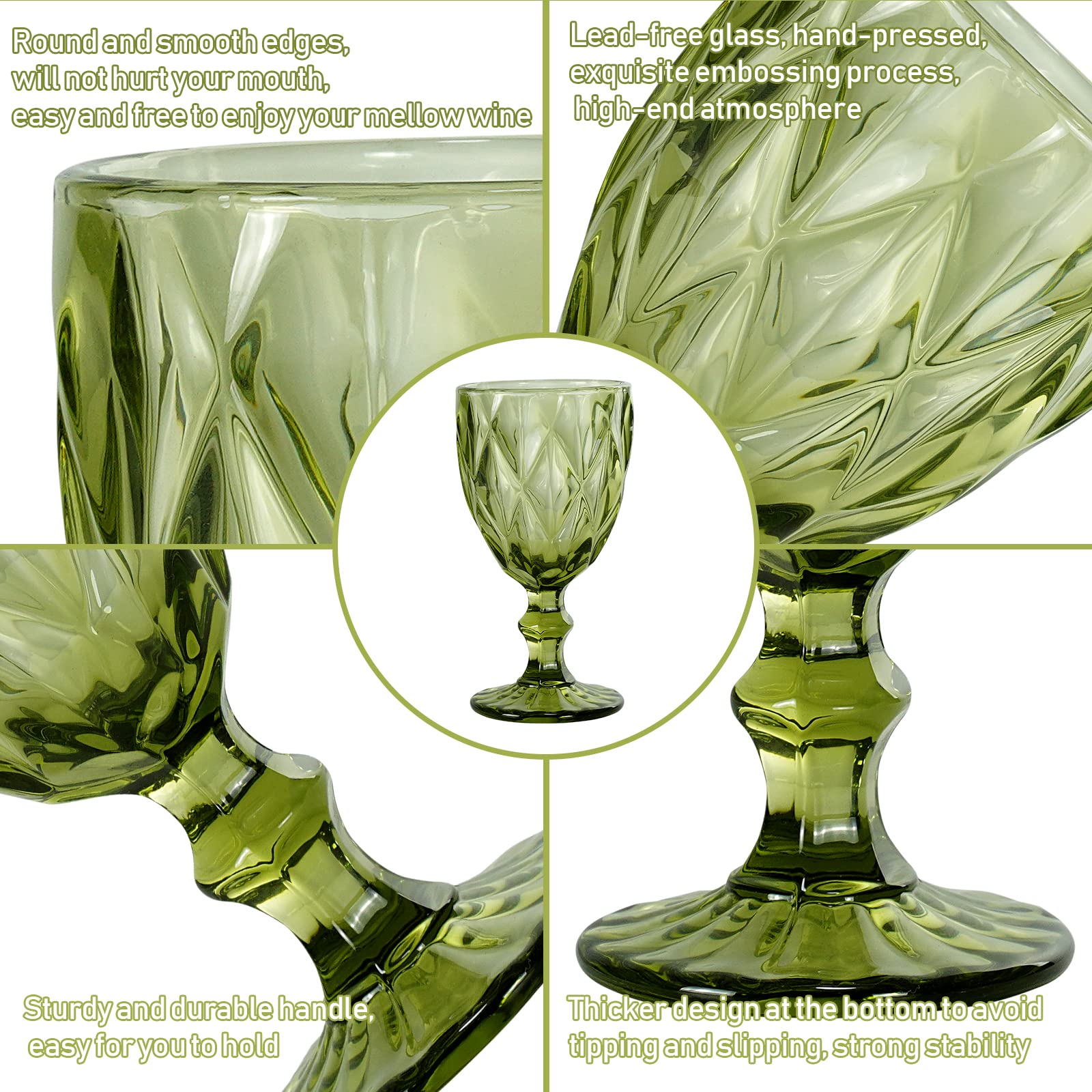 StarLuckINT Colored Glass Goblet Set of 6, Embossed Design Wine Glasses, 10 Oz Thickened Glass Wine Glass, for Juice Drinking Wedding Party Wine Glass (Color : Green, Pattern : rhombus)