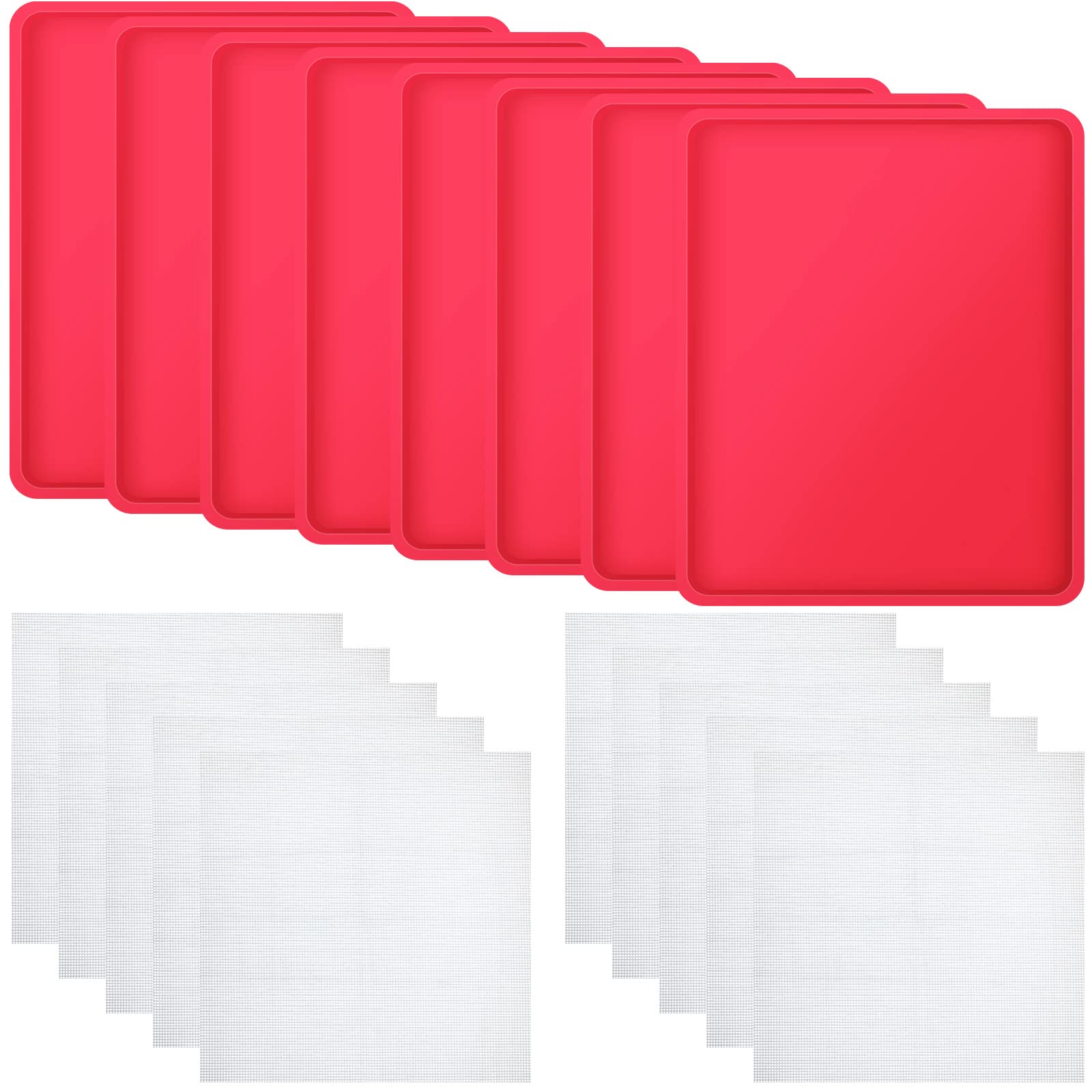 8 Pcs Silicone Dehydrator Mats 10 Pcs Mesh Screen Dehydrator Sheets Nonstick Reusable Fruit Dryer Trays for Jerky Fruit Herbs Flax Crackers Crust Tray (Red)