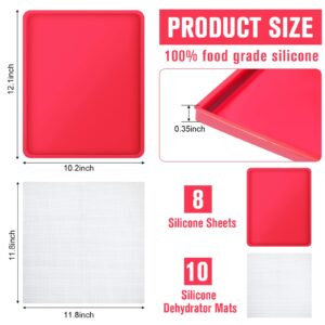 8 Pcs Silicone Dehydrator Mats 10 Pcs Mesh Screen Dehydrator Sheets Nonstick Reusable Fruit Dryer Trays for Jerky Fruit Herbs Flax Crackers Crust Tray (Red)