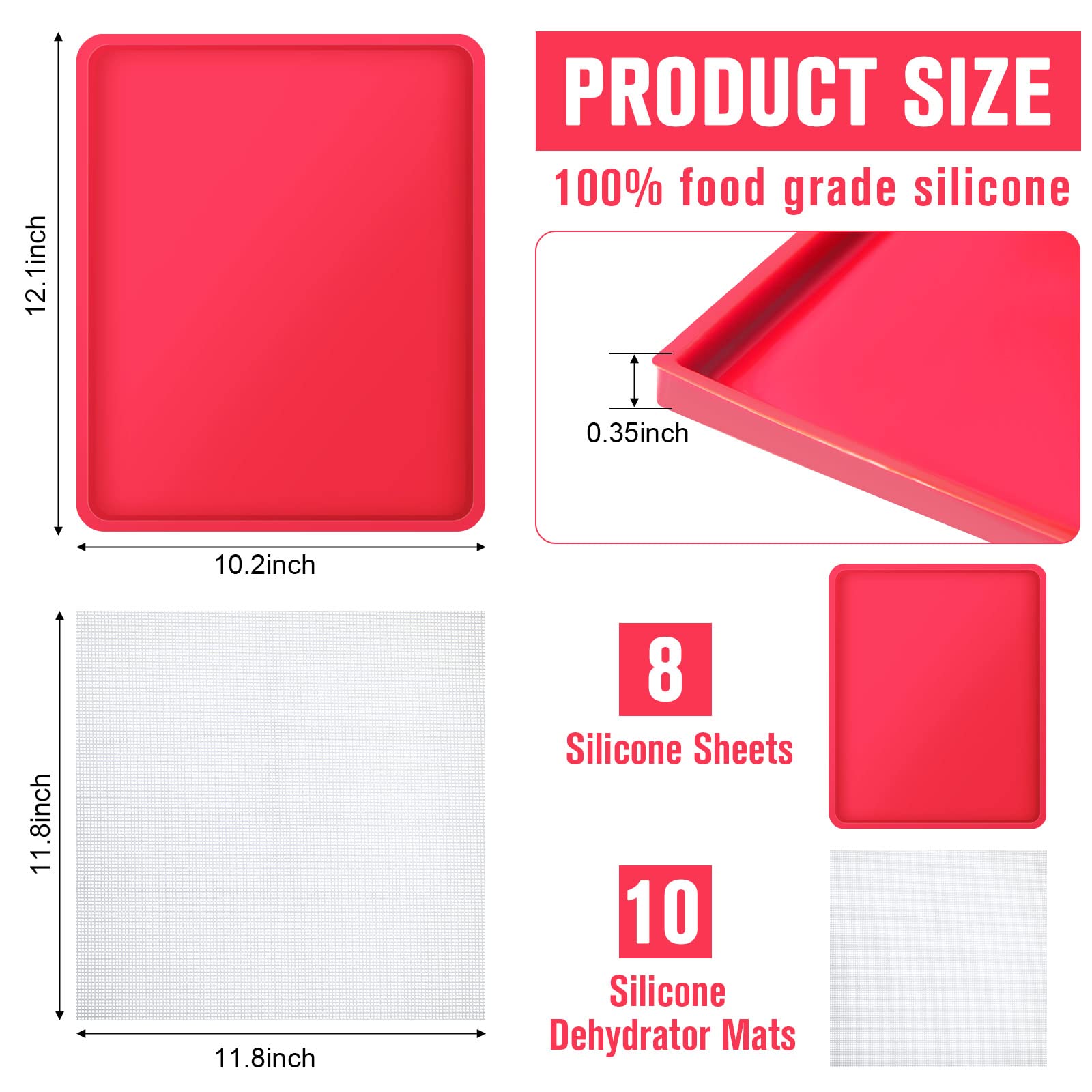 8 Pcs Silicone Dehydrator Mats 10 Pcs Mesh Screen Dehydrator Sheets Nonstick Reusable Fruit Dryer Trays for Jerky Fruit Herbs Flax Crackers Crust Tray (Red)