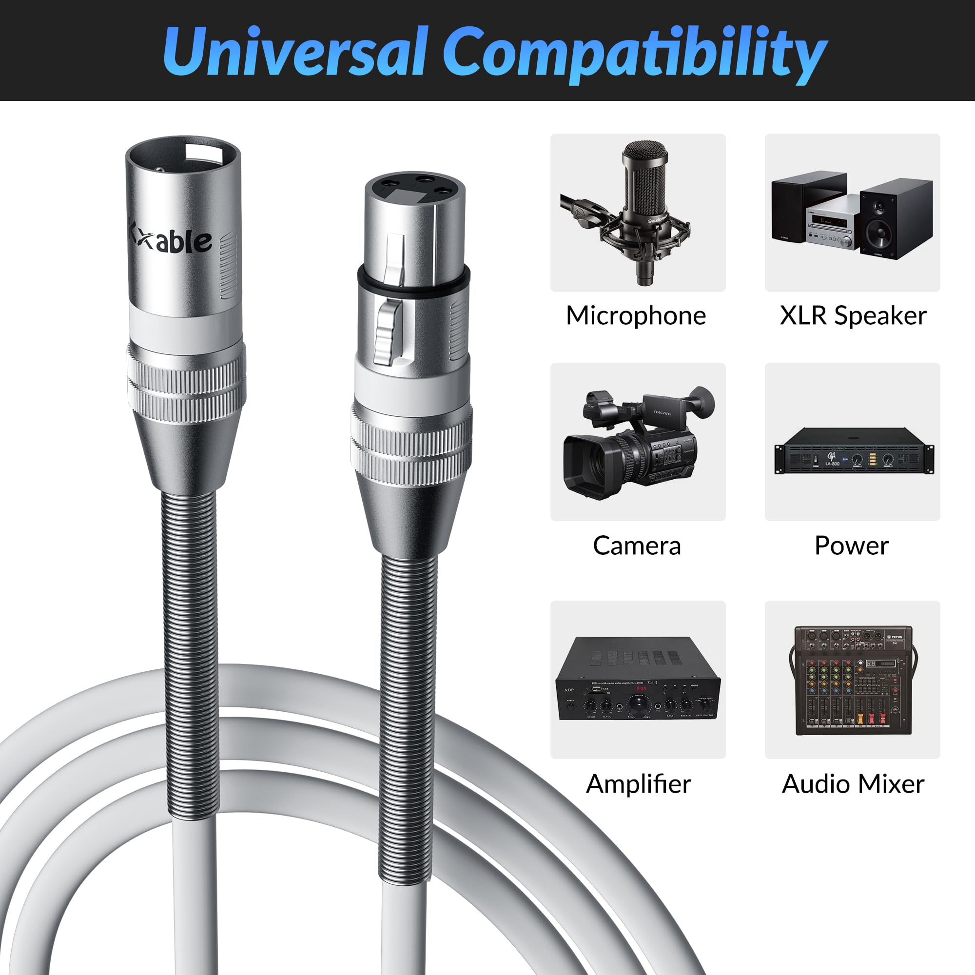 XLR to XLR Cable 100 Feet, Premium XLR Microphone Cable, Heavy Duty 22AWG OFC XLR Male to Female Cord, 3-Pin Shielded Mic Speaker Cable, Zinc Alloy Connectors, Metal Spring SR, White