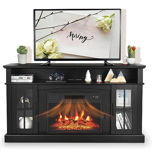 SIMOE 58 Inch Electric Fireplace TV Stand for TVs up to 65 Inch, Modern TV Console with 23'' Fireplace, 2 Open Shelves & Cabinets, Fireplace Heater with 3 Brightness, 6H Timer & Remote Control, Black