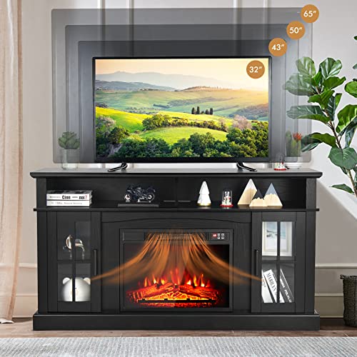 SIMOE 58 Inch Electric Fireplace TV Stand for TVs up to 65 Inch, Modern TV Console with 23'' Fireplace, 2 Open Shelves & Cabinets, Fireplace Heater with 3 Brightness, 6H Timer & Remote Control, Black