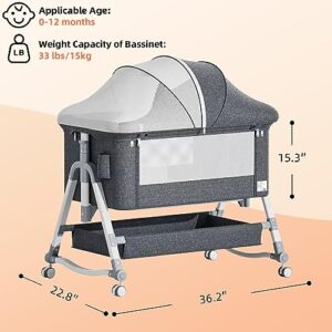 Baby Bassinets Bedside Sleeper, Baby Crib with Wheels, Baby Bed with Mosquito Nets, Adjustable Height Portable Bassinet for Baby with Large Storage Bag, Bassinet for Infant/Baby/Newborn