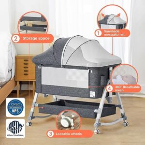 Baby Bassinets Bedside Sleeper, Baby Crib with Wheels, Baby Bed with Mosquito Nets, Adjustable Height Portable Bassinet for Baby with Large Storage Bag, Bassinet for Infant/Baby/Newborn