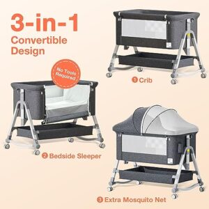 Baby Bassinets Bedside Sleeper, Baby Crib with Wheels, Baby Bed with Mosquito Nets, Adjustable Height Portable Bassinet for Baby with Large Storage Bag, Bassinet for Infant/Baby/Newborn