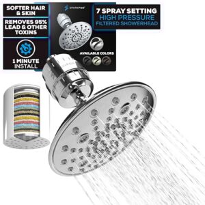 sparkpod luxury filtered shower head set 23 stage shower filter - reduces chlorine and heavy metals - helps dry hair and skin - 7 spray settings 8" showerhead filter (luxury polished chrome)
