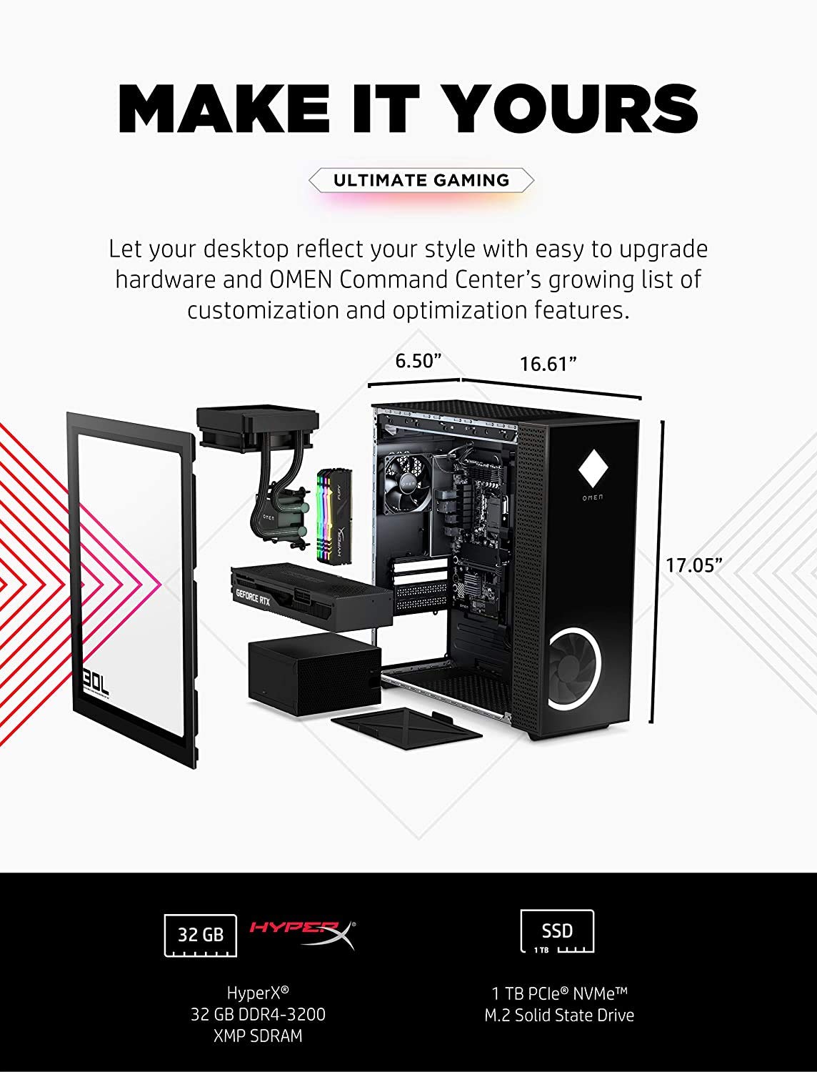 HP OMEN 30L Gaming Desktop, AMD Ryzen 7 5800X Processor, NVIDIA GeForce RTX 3080, Liquid Cooling, Customizing RGB Lighting, 8 USB Ports, HDMI, Windows 11 Home, Black (32GB RAM | 1TB SSD)