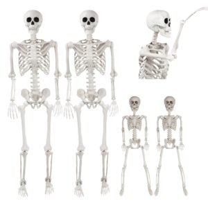 posable life size human skeleton family set of 4-2 adult (5' 2")& 2 children (2')-halloween prop indoor outdoor decorations w bending articulated bones- spooky haunted house party lawn décor