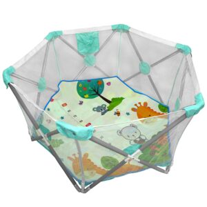 HTTMT- Hexagon Safety Playpen Portable Foldable Mesh Playard Infants Baby Toodler Animals Fence w/Travel Bag Nursery Furniture for Indoor Outdoor - Tif Blue