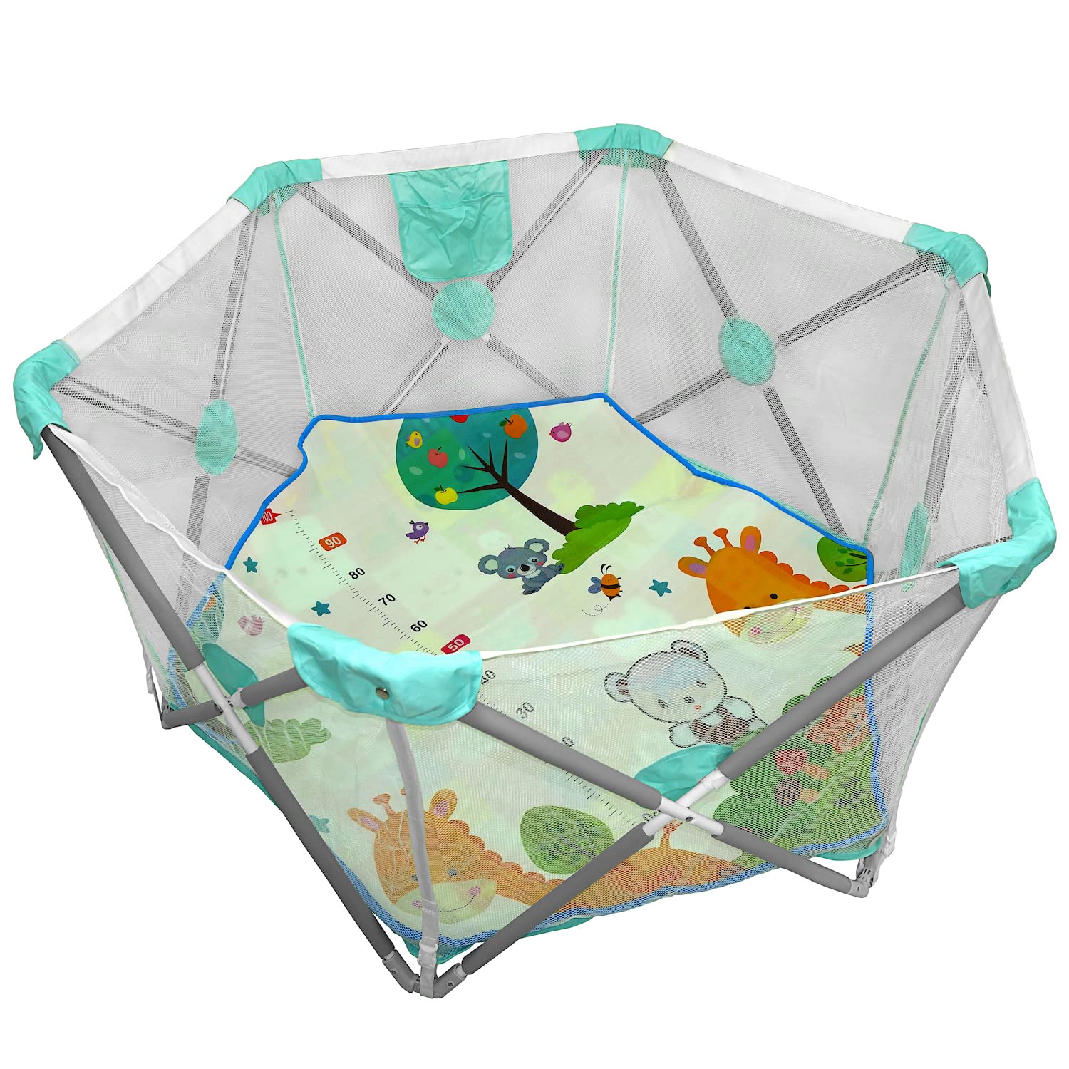 HTTMT- Hexagon Safety Playpen Portable Foldable Mesh Playard Infants Baby Toodler Animals Fence w/Travel Bag Nursery Furniture for Indoor Outdoor - Tif Blue