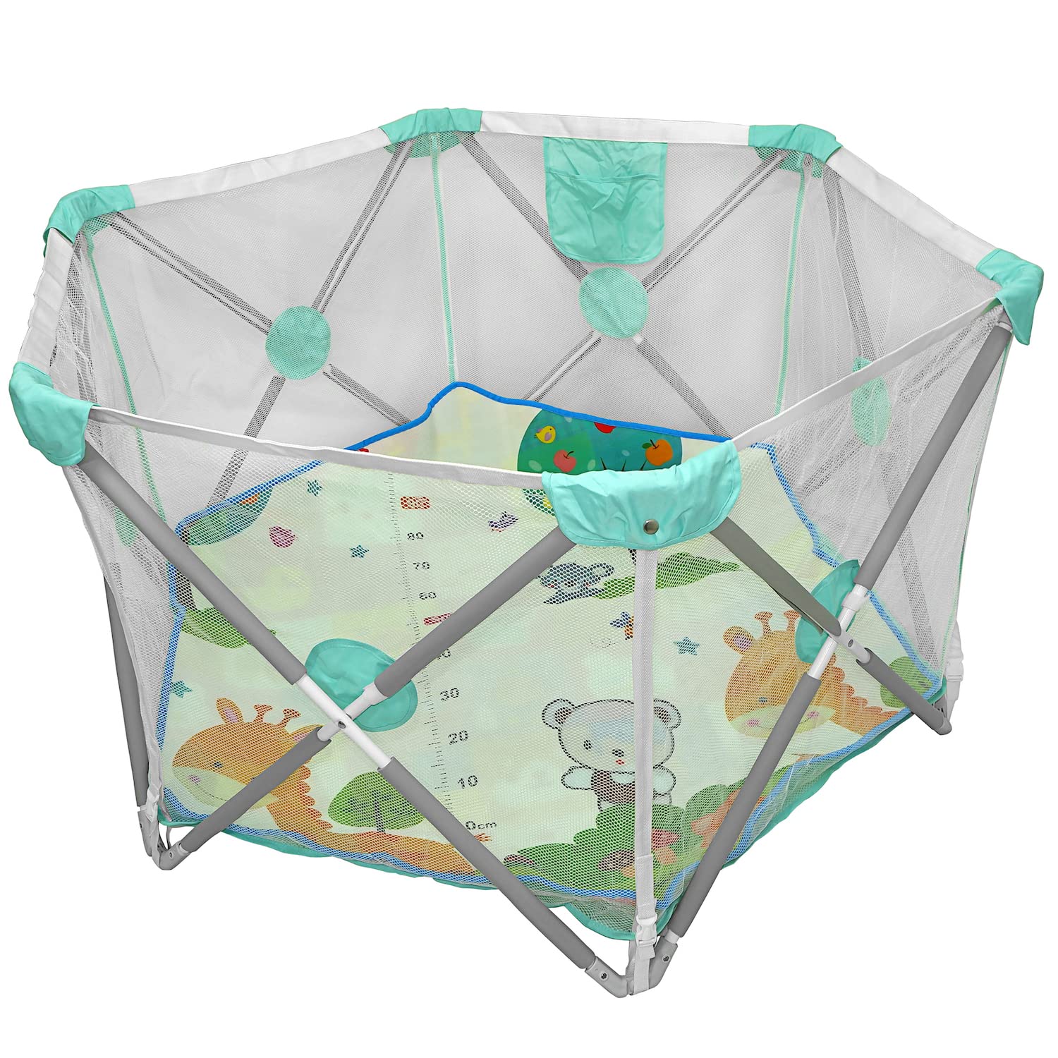 HTTMT- Hexagon Safety Playpen Portable Foldable Mesh Playard Infants Baby Toodler Animals Fence w/Travel Bag Nursery Furniture for Indoor Outdoor - Tif Blue