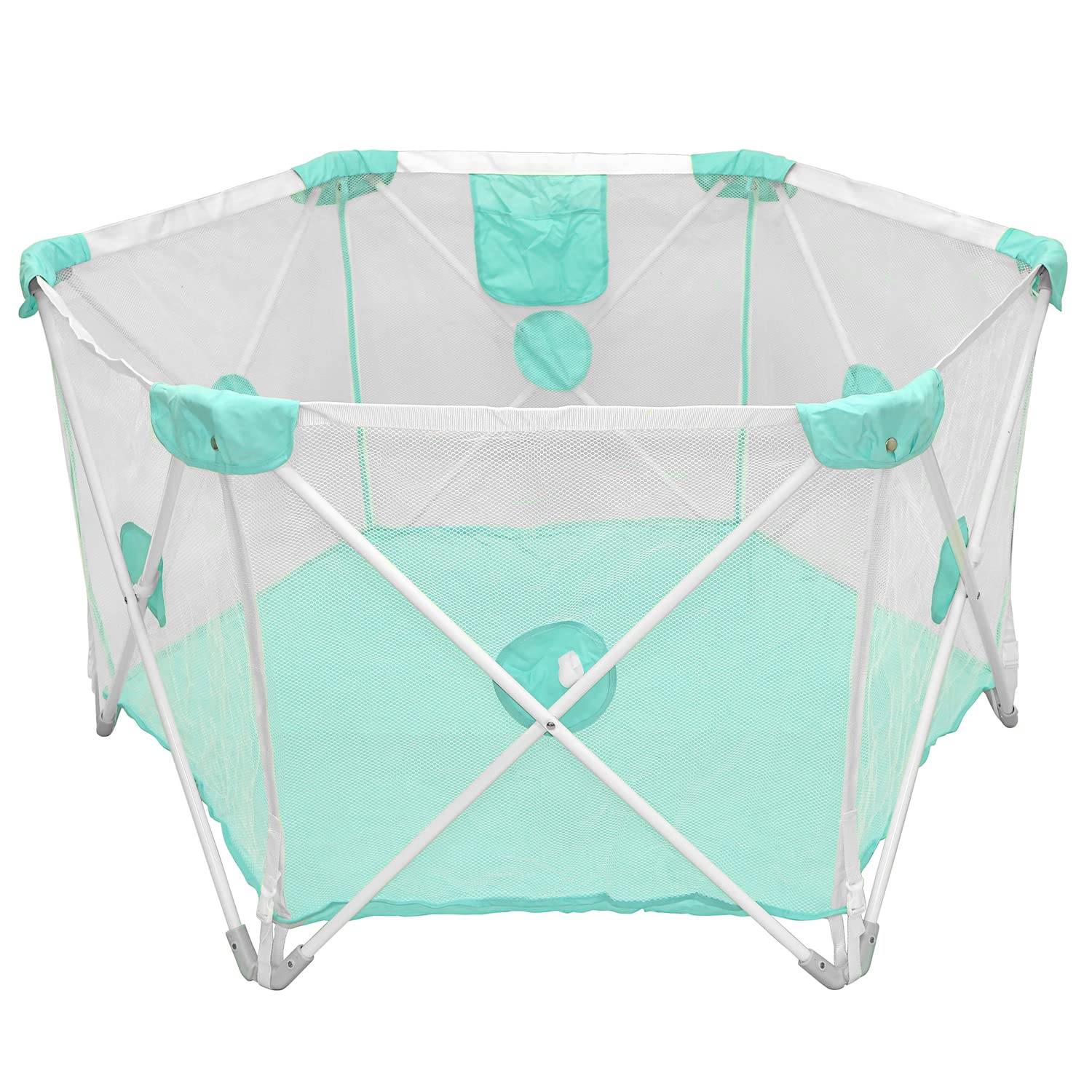 HTTMT- Hexagon Safety Playpen Portable Foldable Mesh Playard Infants Baby Toodler Animals Fence w/Travel Bag Nursery Furniture for Indoor Outdoor - Tif Blue