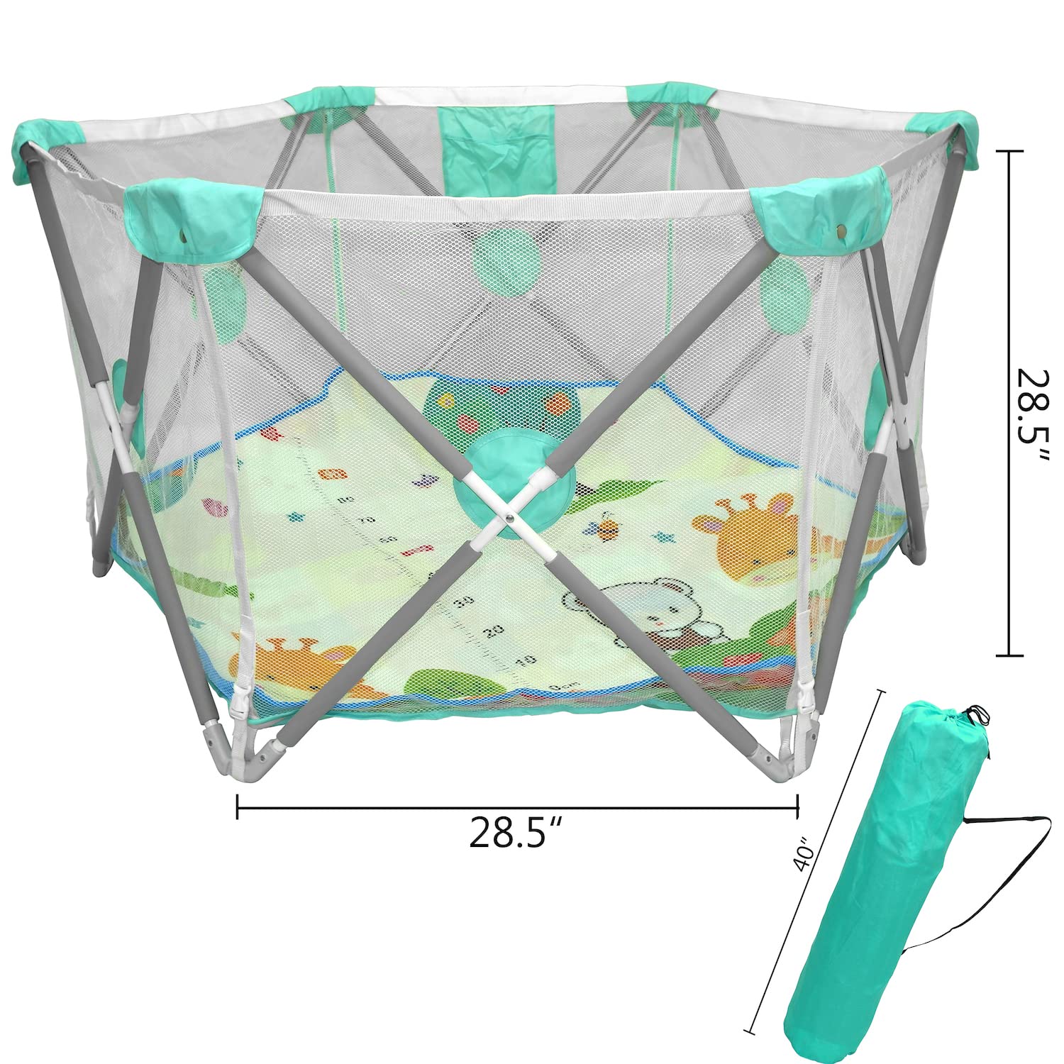 HTTMT- Hexagon Safety Playpen Portable Foldable Mesh Playard Infants Baby Toodler Animals Fence w/Travel Bag Nursery Furniture for Indoor Outdoor - Tif Blue