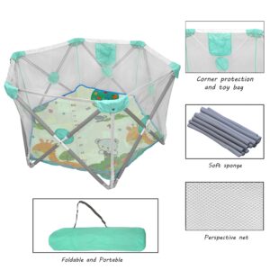 HTTMT- Hexagon Safety Playpen Portable Foldable Mesh Playard Infants Baby Toodler Animals Fence w/Travel Bag Nursery Furniture for Indoor Outdoor - Tif Blue